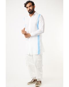 Mundu Cotton White Long Shirt With Blue Stripes