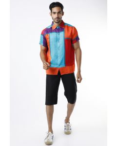Turquoise And Orange Colour Blocked Shirt