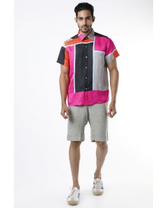 Fuchsia And Black Colour Blocked Shirt